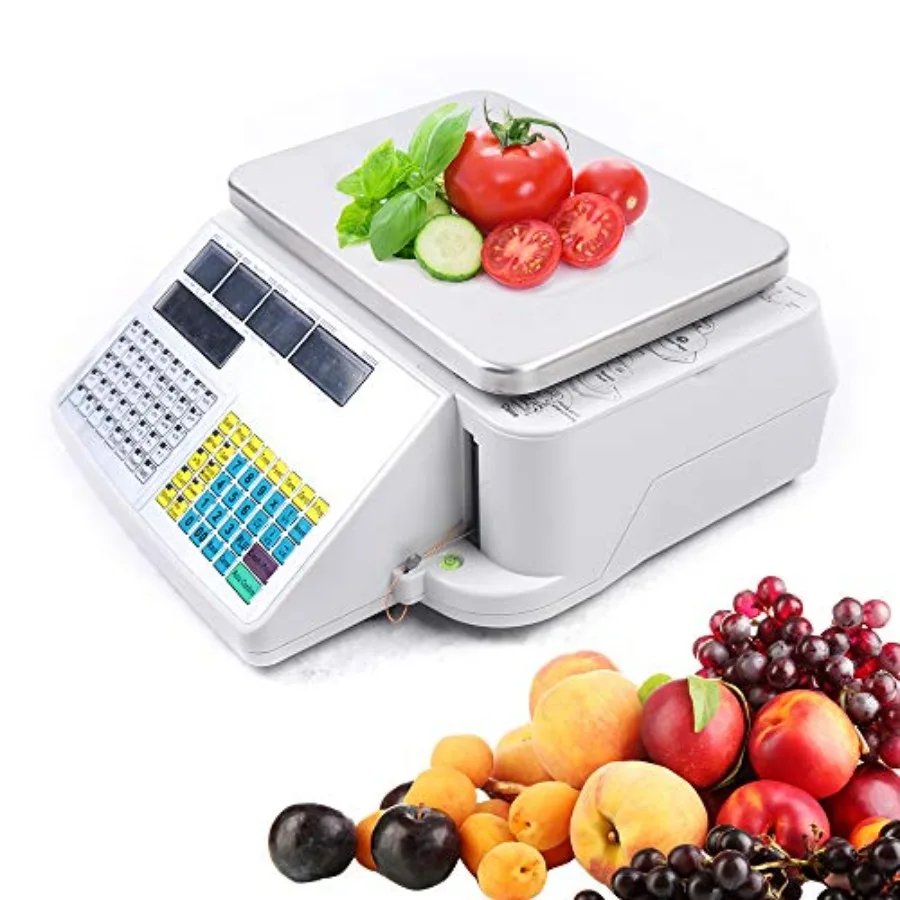 Retail store electronic price computing scale, stainless steel, black, 66LB capacity with printer for food, fruit, meat, produc