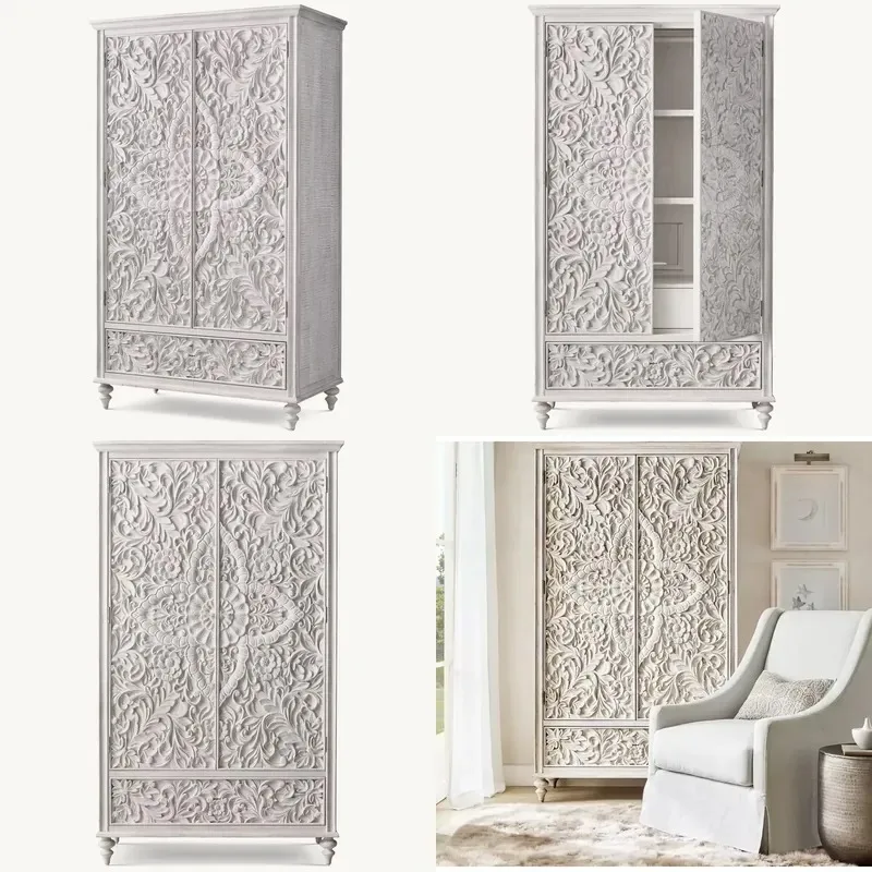 Southeast Asian Style Peony Wood Carving Flower Wardrobe Bedroom Furniture Factory Customization