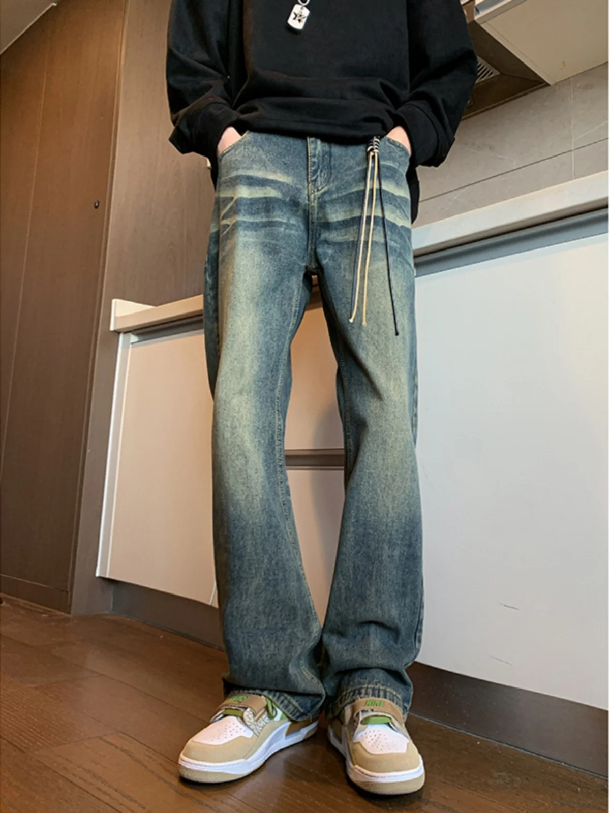 

Men's Flared Jeans Autumn Thickened Fleece Wide Leg Long Pants Straight Loose American High Street Oversize Cotton Polyester