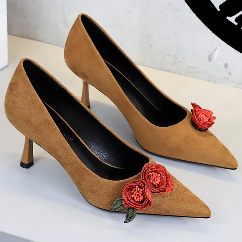 

BIGTREE Shoes Женские туфли-лодочки Роскошные замшевые туфли на высоком каблуке с цветочным и розовым дизайном Женская обувь на шпильке 6,5 см Женская обувь 2026