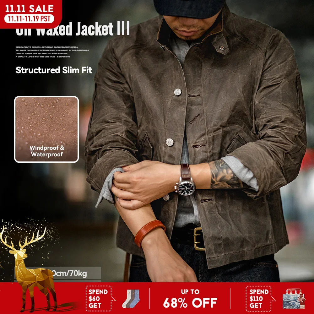Maden Vintage Stehkragen Ölgewachste Jacke III Version für Herren Wasserdichter Canvas Einfarbiger klassischer Jagdmantel für den Herbst