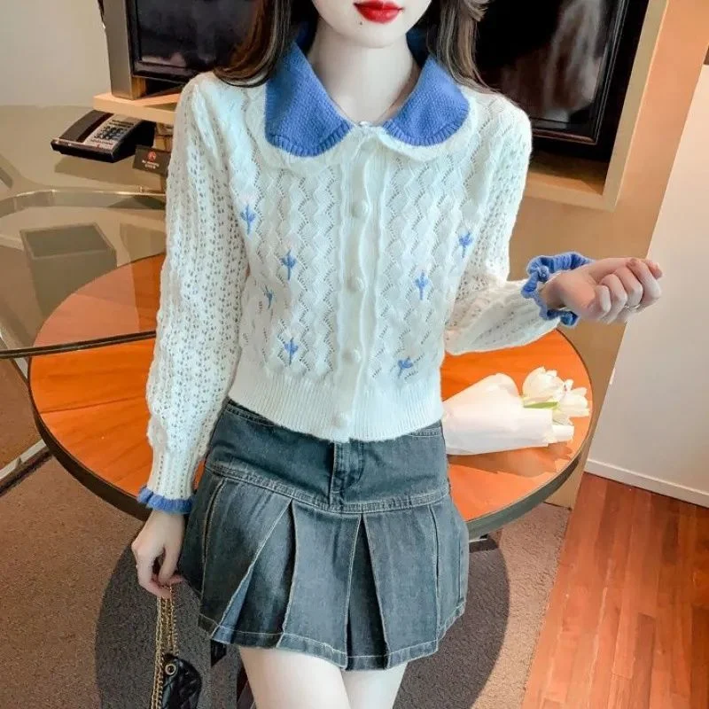 

Doll Collar Knitted Cardigan Autumn New Lazy Gentle Sweet Sweater Women's Jacket Short Long-sleeved Top