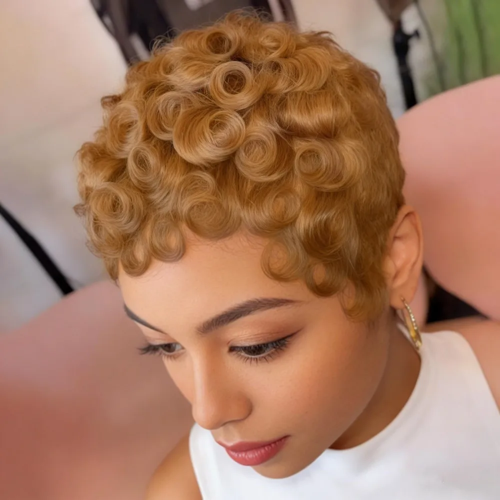 

Праздничный подарок, парик, вьющиеся короткие человеческие волосы, парик машинного производства, парики из натуральных волос для женщин, парик с стрижкой пикси