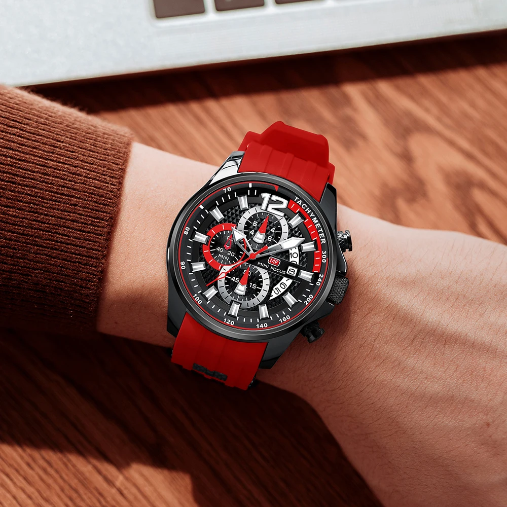 MINI FOCUS Fashion Waterproof Mens Watches Top Brand Luxury Chronograph Quartz Men Watch Red Silicone Strap Sports Wristwatches