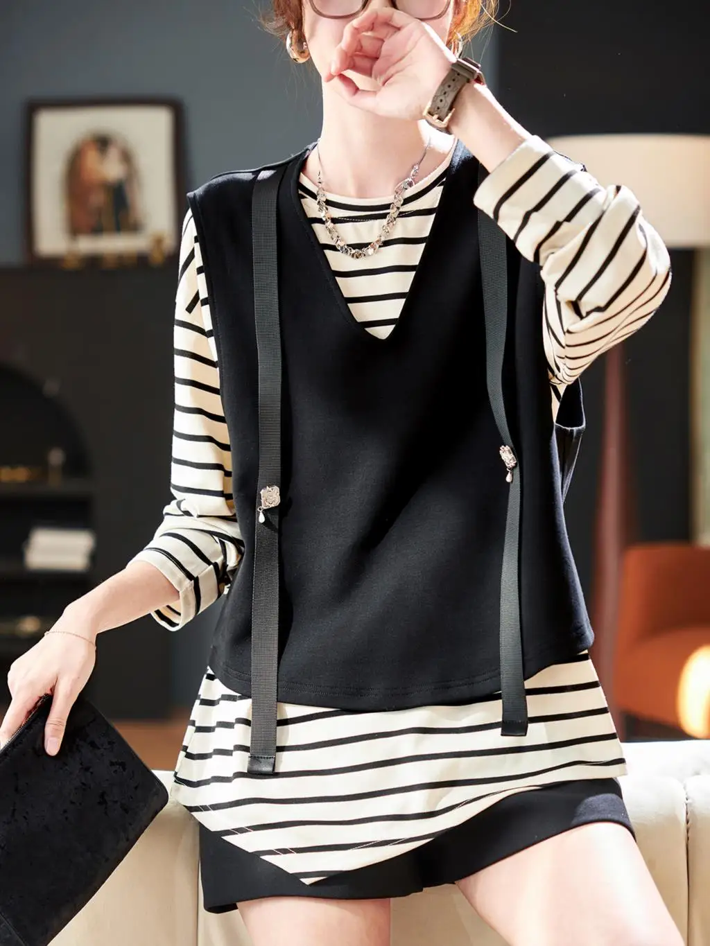 2024 Women's Clothing Striped long-sleeved T-shirt + vest top Spring Summer New No.45