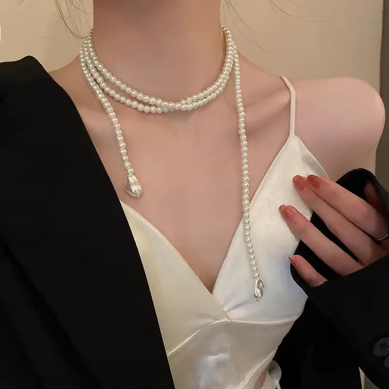 Vintage Fashion Multilayer Pearl Necklace For Women Bead Chain Aesthetic Sweet White Color Necklace Trendy Wedding Jewelry