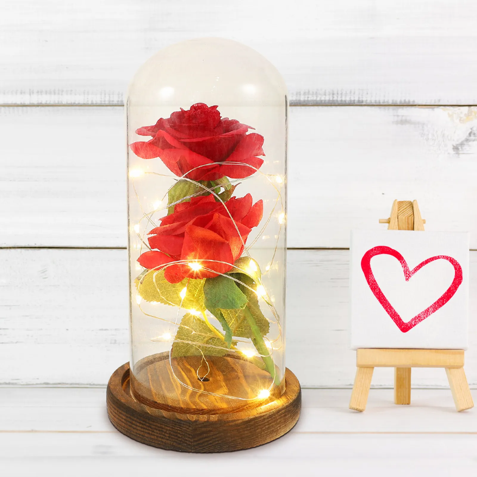 

2 Flower LED String Light in Glass Dome Brown Wooden Base Operated Home Wedding Party Decorative Table Lamp