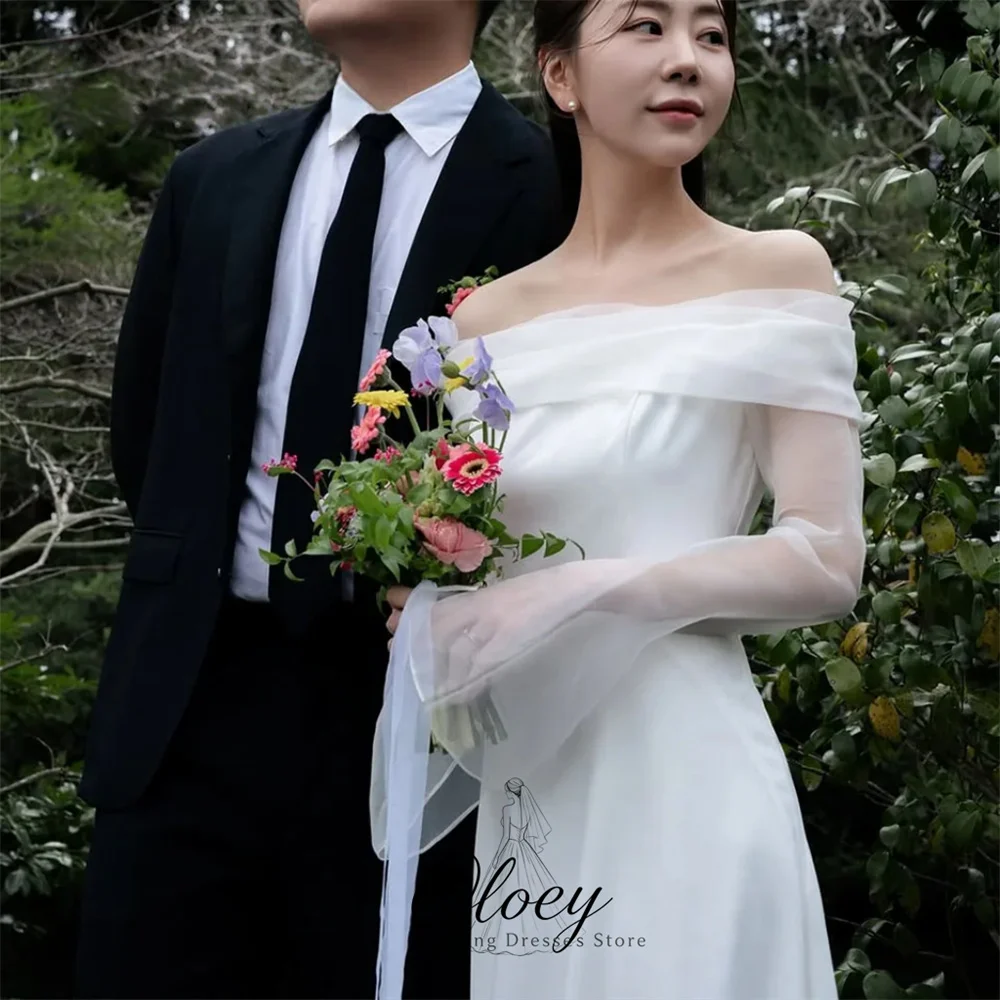 OLOEY Elegant Off The Shoulder Satin Korea Wedding Dress Photo Shoot Long Sleeve A-Line Outdoor Bridal Gown Customized 웨딩드레스
