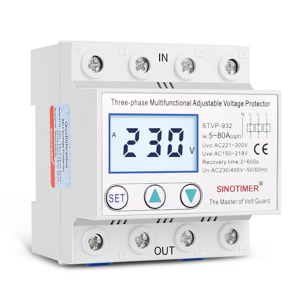 STVP-932 Three-phase Liquid Crystal Display Self-repeating Adjustable Intelligent Overvoltage and Undervoltage Protector 380V