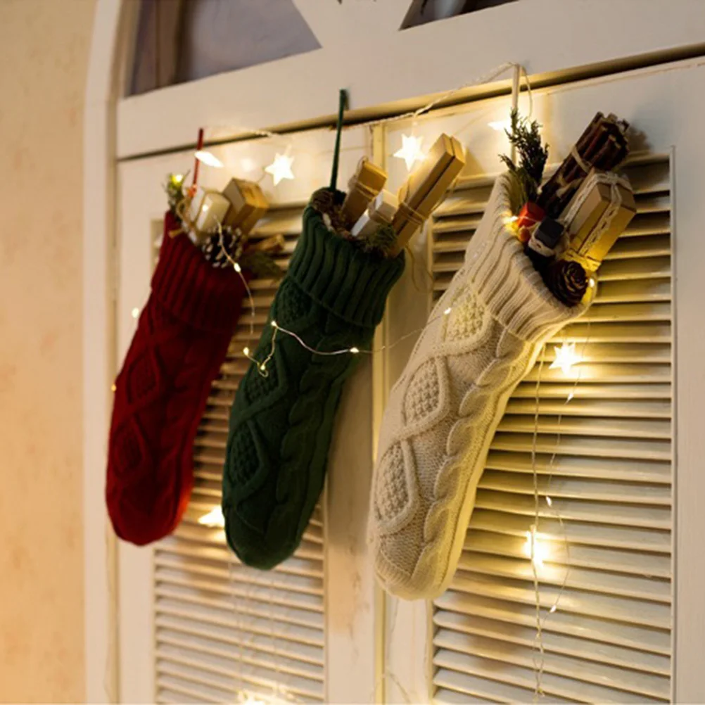 

3pcs 37Cm Knitted Christmas Stockings Rustic Decorative Gift Candy Bags Fireplace Tree Hanging Ornament Purplish-Red Green White