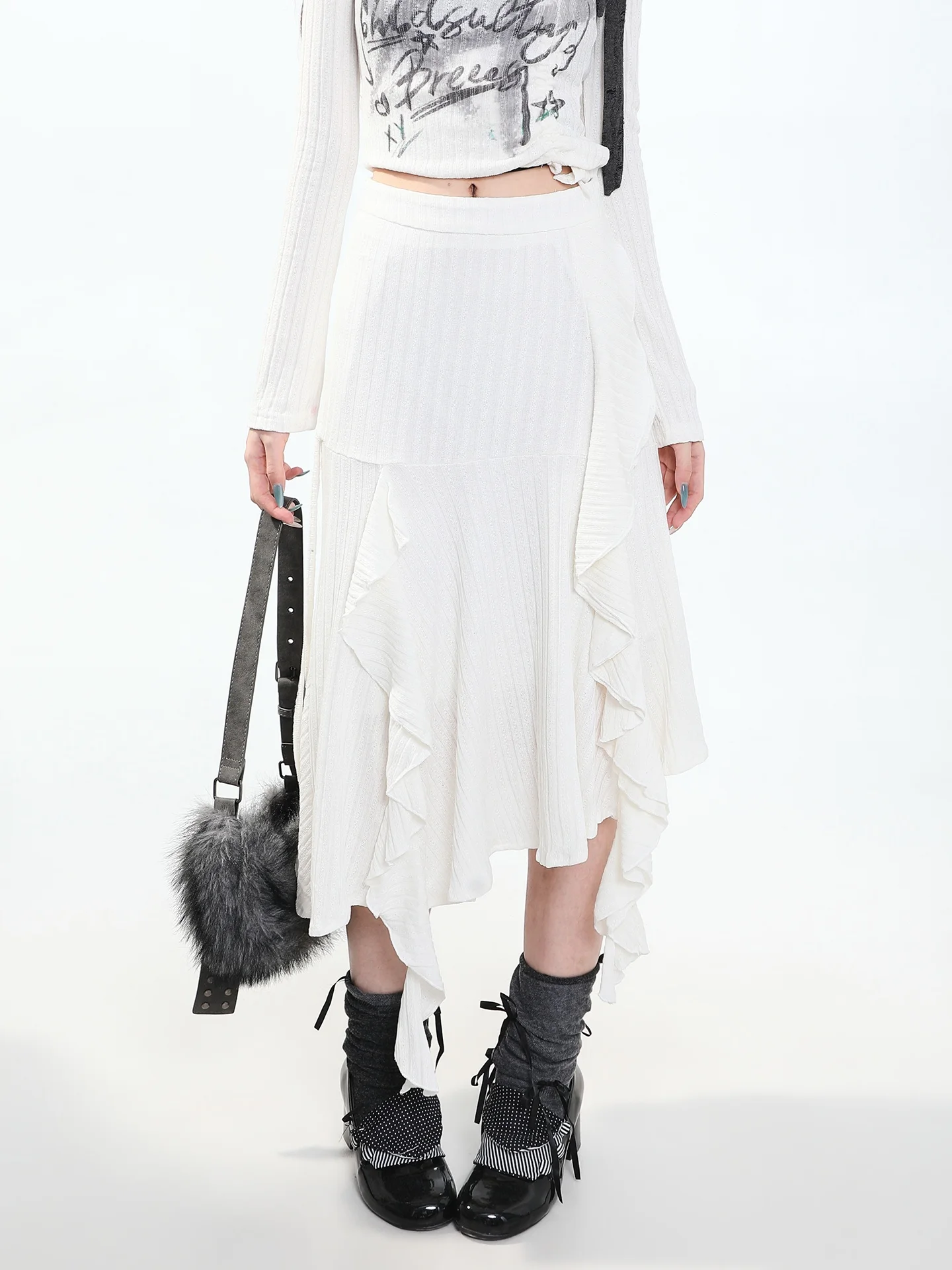 Casual High Waist A-Line Midi Skirt Women's Autumn High Fashion Beautiful Slimming Midi Skirt Irregular Lace Hem Casual Skirt