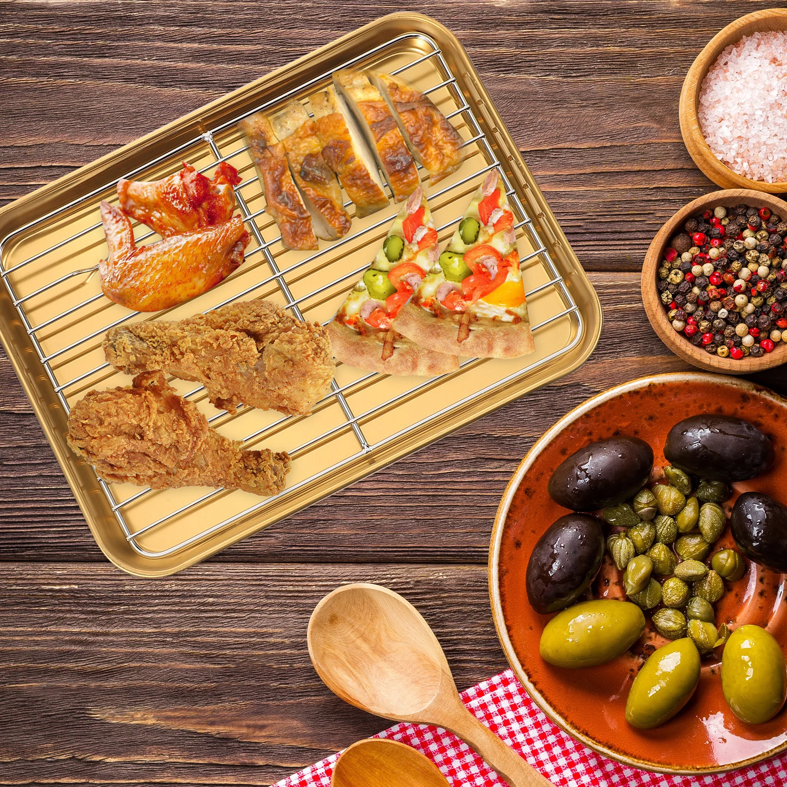 

1Set Stainless Steel Food Tray Oil Draining Design Fried Chicken Serving Plate for Snacks Desserts Chocolates Biscuits Multi-Use