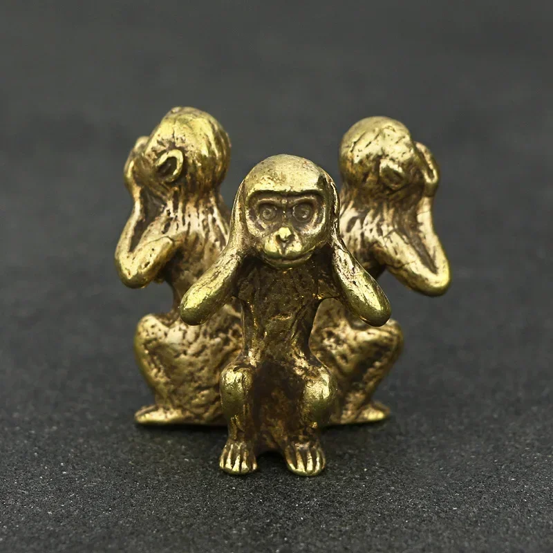 Home Decoration Crafts Retro Pure Copper Three Monkey Tea Pet Ornaments Accessories Monkey Statue Miniature Desk Decoration