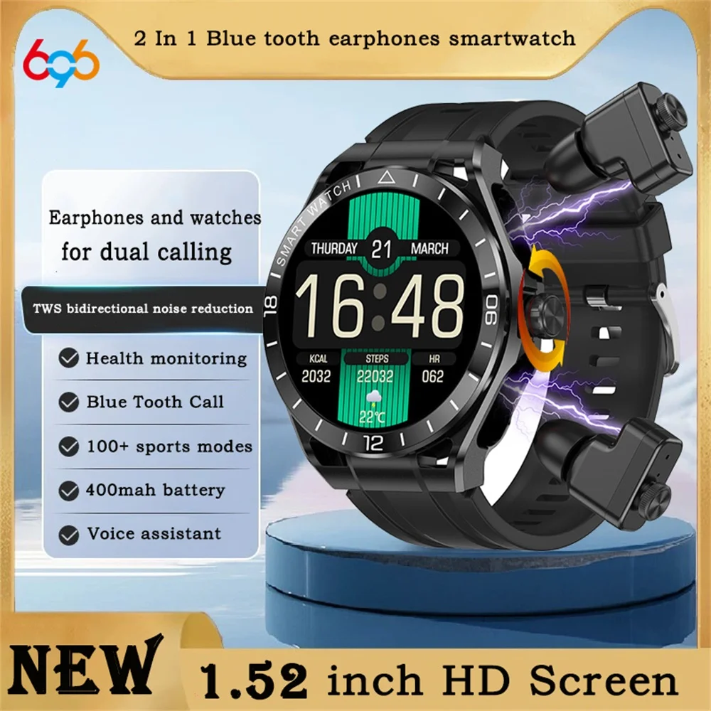 696 Men 2 In 1 Blue Tooth Call Earphones Smart Watch TWS Noise-canceling Headphones Heart Rate Health Watches Sports Smartwatch