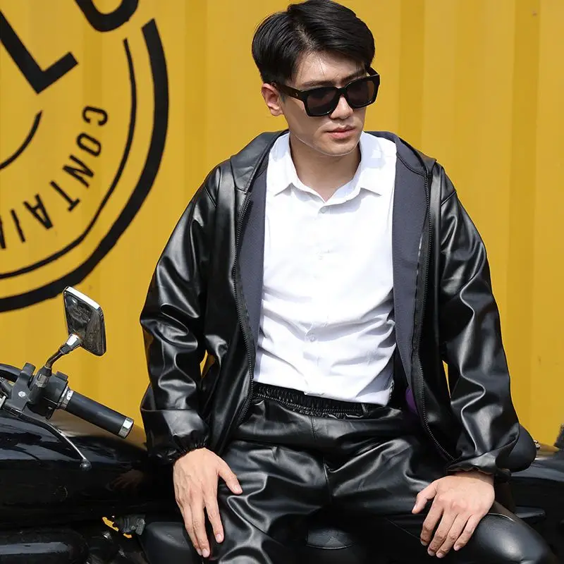 Budget Friendly Leather Jacket Pants Set for Men Lightweight Hooded Design Oil Water Resistant Perfect for Delivery Drivers