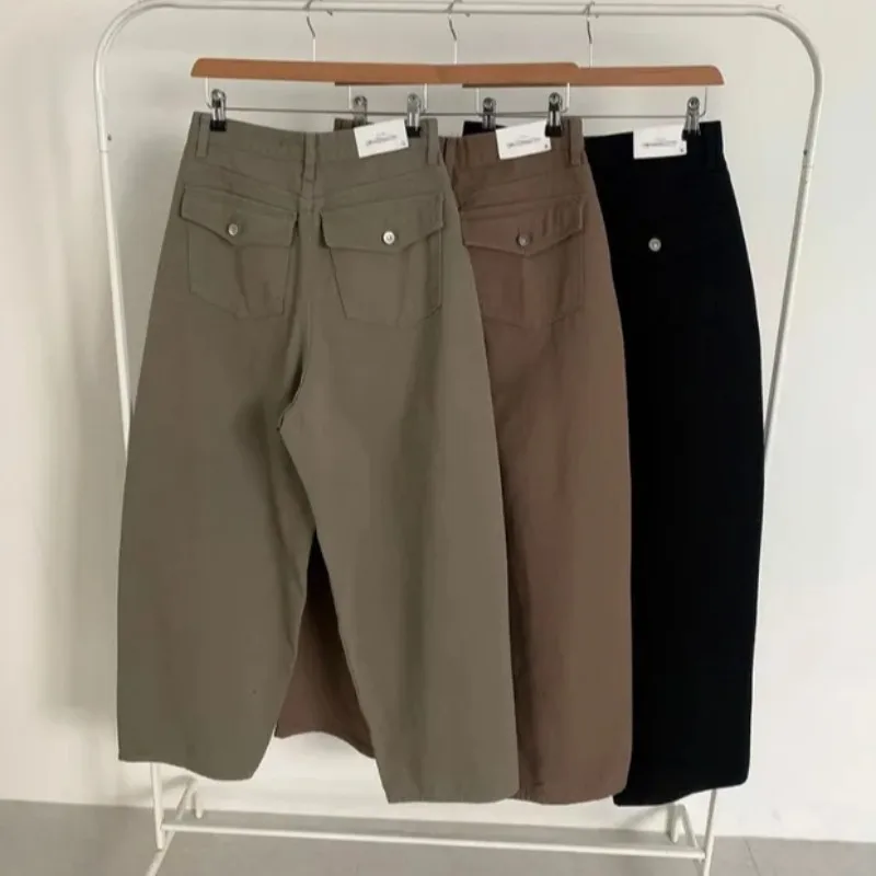 SuperAen Solid Color Army Green Retro Loose Pants Autumn and Winter New High Street Full Length Wide-leg Pants