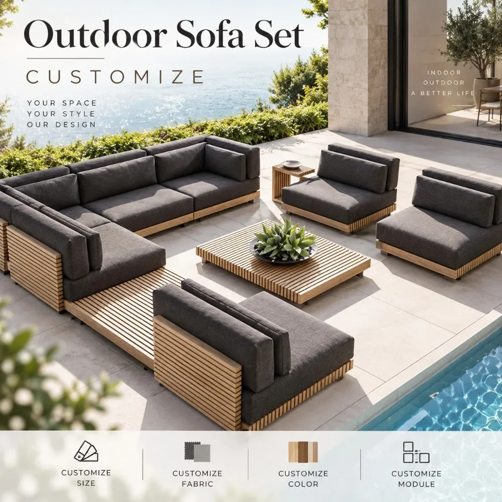 #Nordic Solid Wood Outdoor Sofa Set, Luxury Waterproof Sunproof Patio Furniture, Balcony and Garden Leisure Recliner for Villa