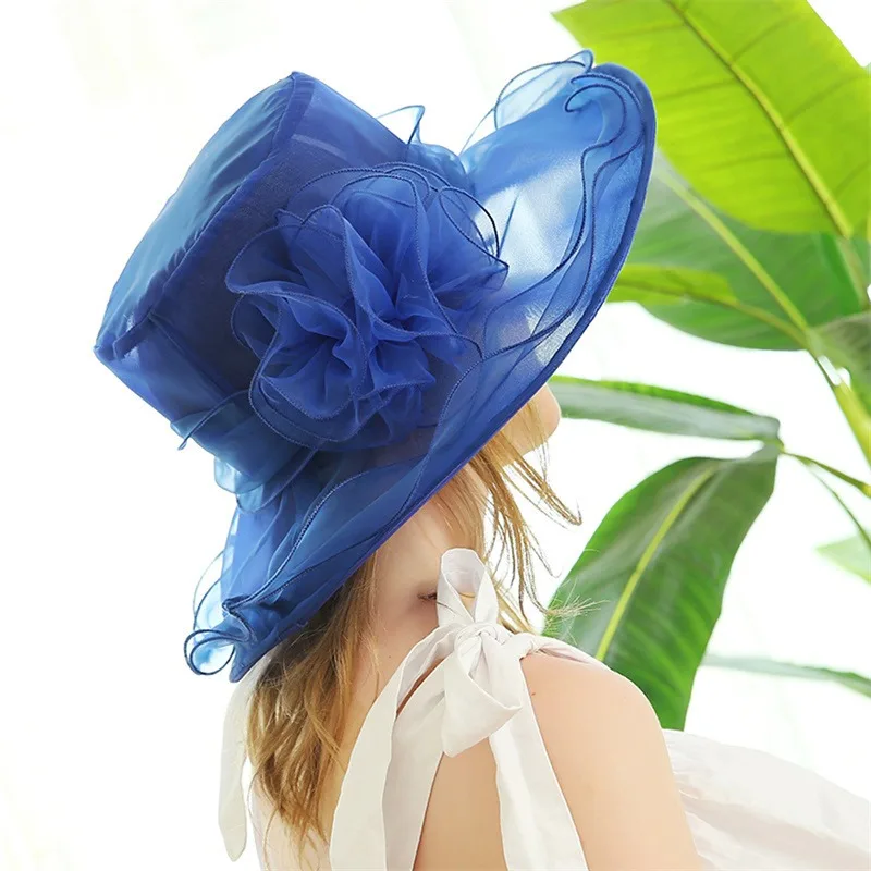 Elegant Bow Lady Hat Summer Organza Wide Brim Sunscreen Kentucky Derby Hats For Women Church Wedding Beach Sun Cap Foldable