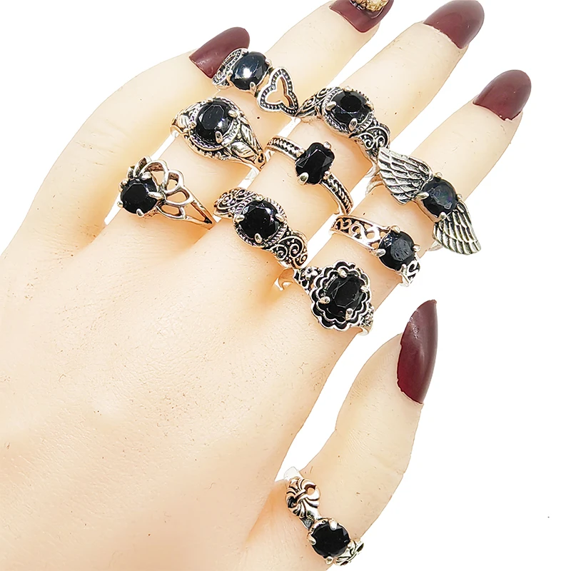 20pcs/50pcs/Lot Wholesale Bohemia Vintage Silver Color Finger Rings for Women Black Acrylic Wing Joint Ring Party Jewelry Girl