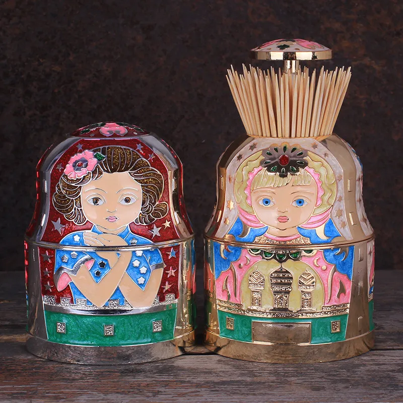 European Nesting Doll-shaped Creative Toothpick Jar Mongolia Harbin Travel Souvenir Press Russian Metal Toothpick Holder