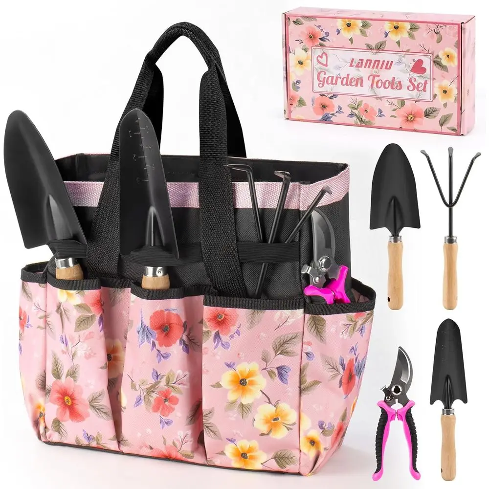 

5-Piece Pink Women's Gardening Tool Set with Floral Bag