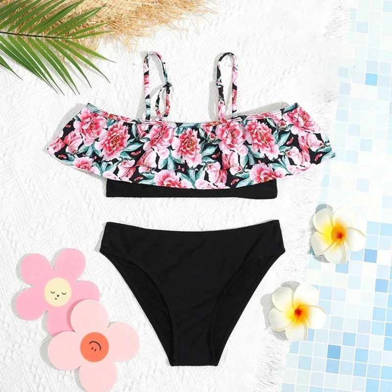 أطفال بنات لباس سباحة قطعتين مجموعة البكيني الأطفال الصيف لطيف الأزهار طباعة ملابس السباحة لينة تنفس بحر ملابس السباحة