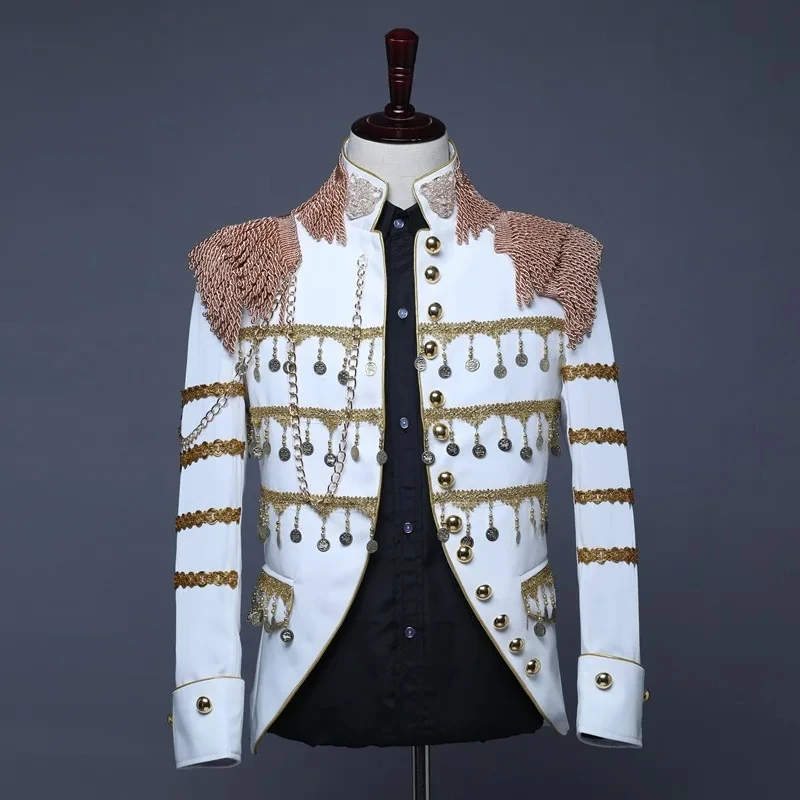 Mens Punk Military Drummer Parade Jacket Fashion Tassel Design Stand Collar Blazer Jacket Men Club Party Costume Homme White