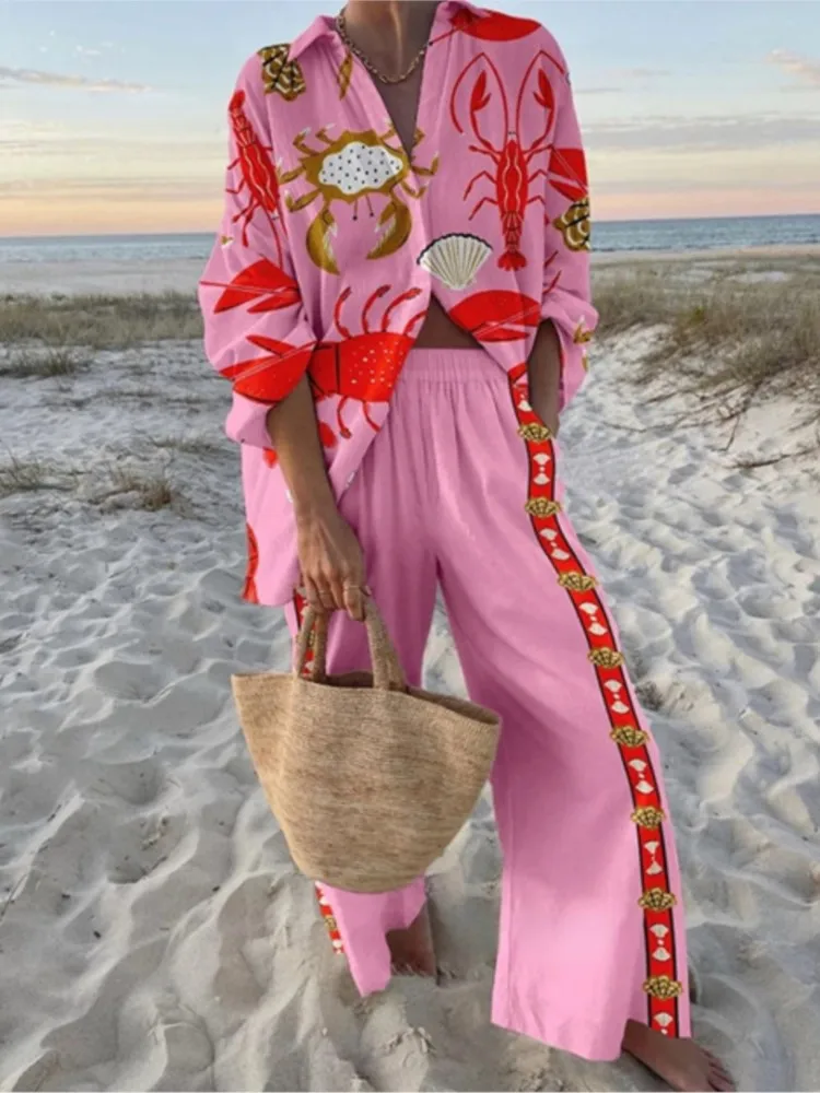 

Summer Vacation Style Cruise Print 2-Piece Set Lapel Shirt+Lace-up Wide-Leg Pants For Women Cruise Outfit Beach Holiday clothes