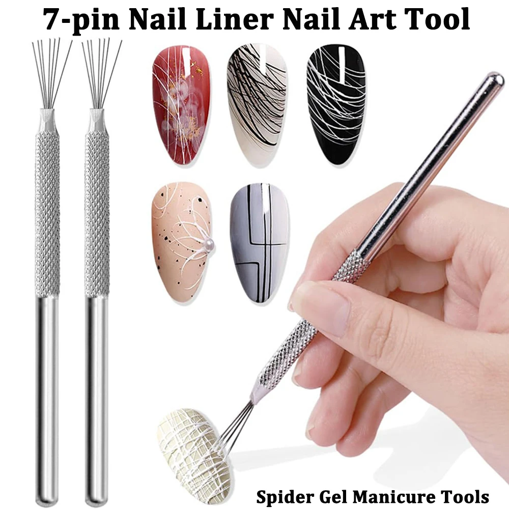 Metallic Multi-Functional Nail Texture Brush, Nail Drawing Pen, Dotting Pen - Stainless Steel 7 Pin Pen UV Gel Manicure Tools