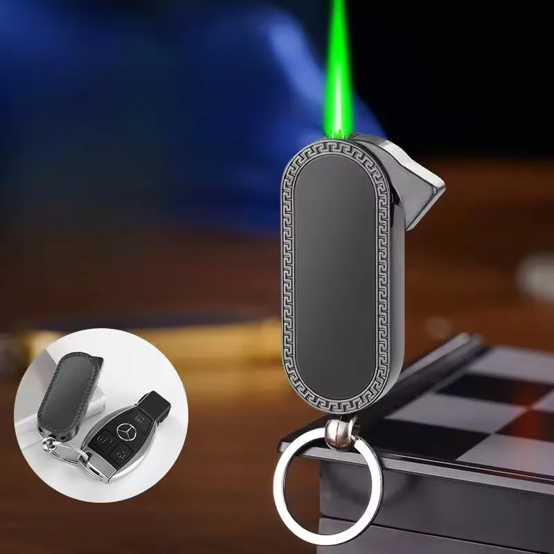 Windproof Mini Keychain Lighter Outdoor Portable Mirror Multifunctional Metal Spray Green Flame Butane Inflatable Lighter