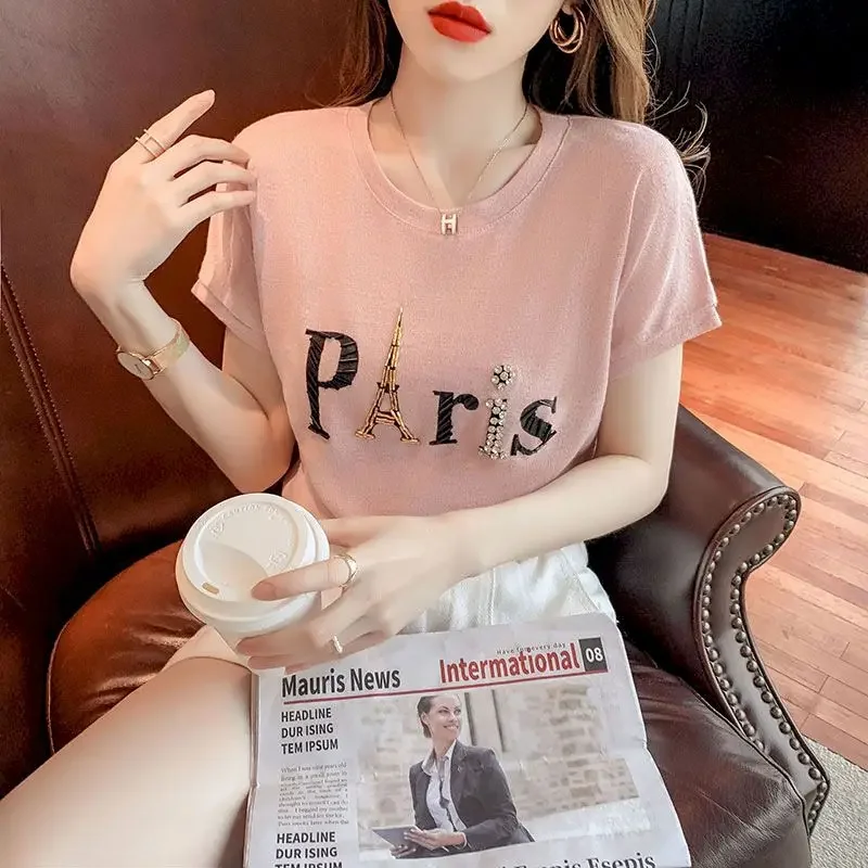 2025 Summer New Ice Silk T-shirt Women's Short Sleeve T-shirt Heavy Industry Beaded Korean T Shirt Loose Womens Half-sleeved Top