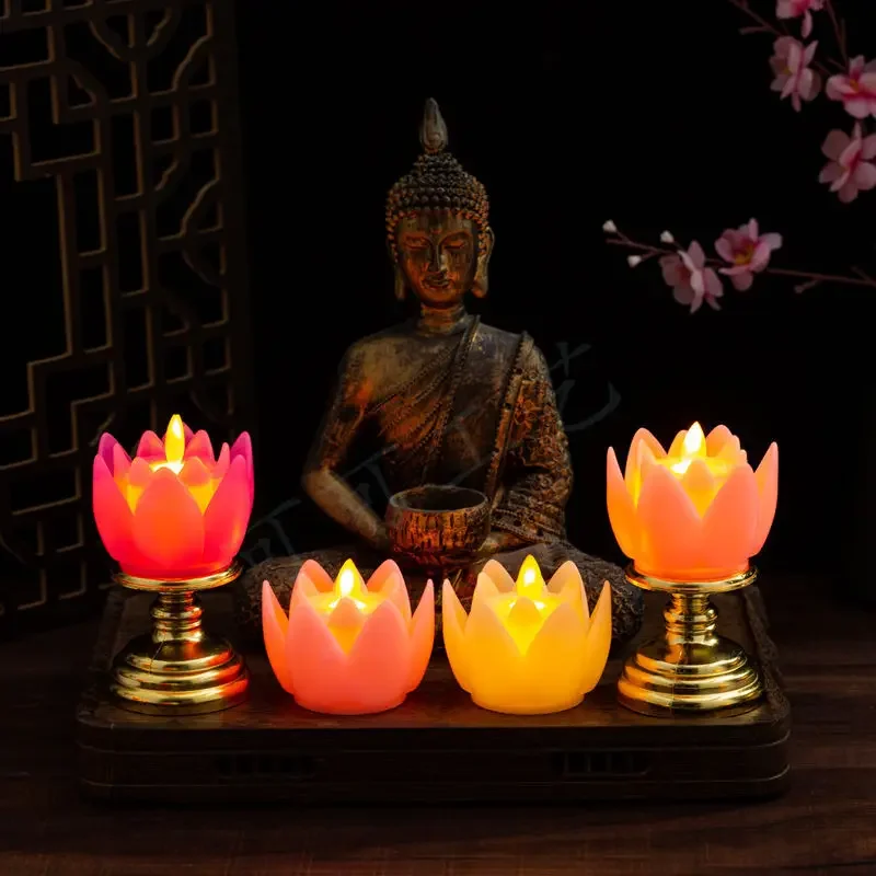 Lotus Flower Candles Swing Flame Electronic Candles for Buddhist Offerings Temple Religious Services Decoration Holy Lotus