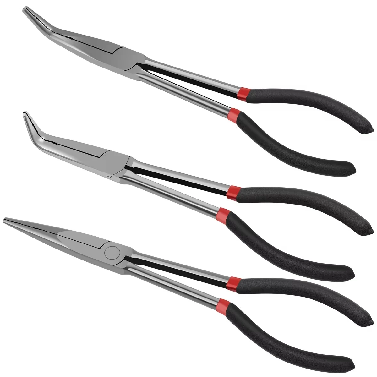 3PCS Needle Nose Pliers Set 0°/45°/90° Curved Nose Pliers 11 Inches Long Reach Straight Pliers O-Shaped Round Pliers