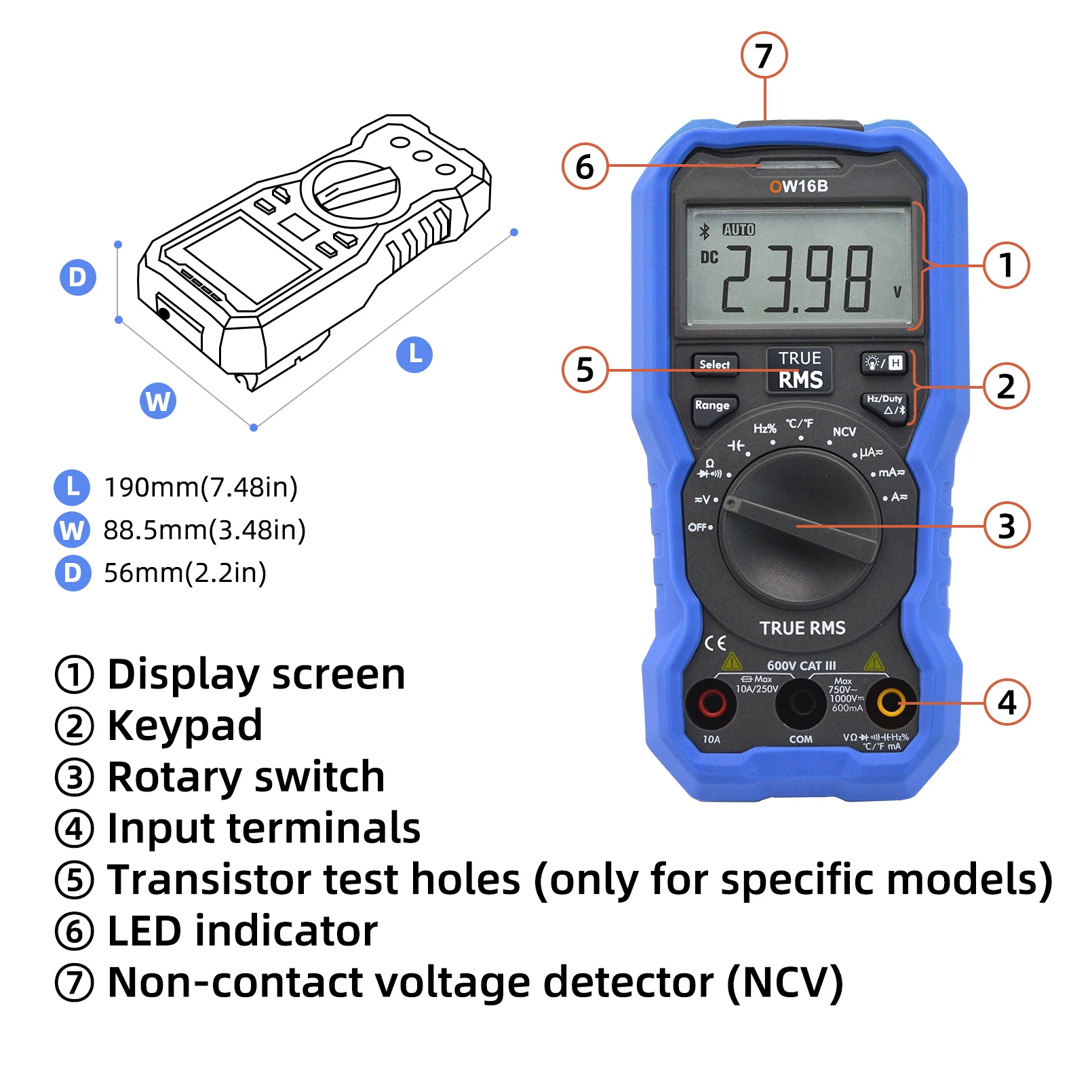 Imagem -04 - Multímetro Digital Multifuncional Owon Ow16b com Bluetooth e Ncv True Rms Teste Mesa de Teste de Tensão Retroiluminada Fácil de Instalar