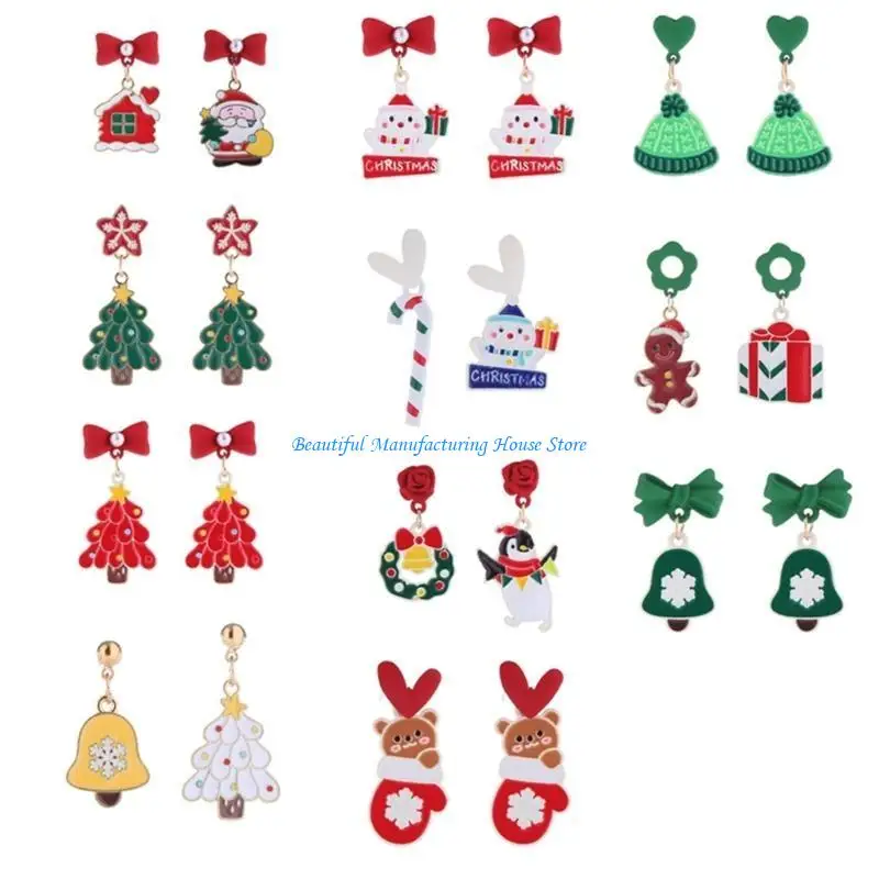 

E56A Dangle Holiday Earrings Snowflake Christmas Tree Earring Asymmetric Jewelry