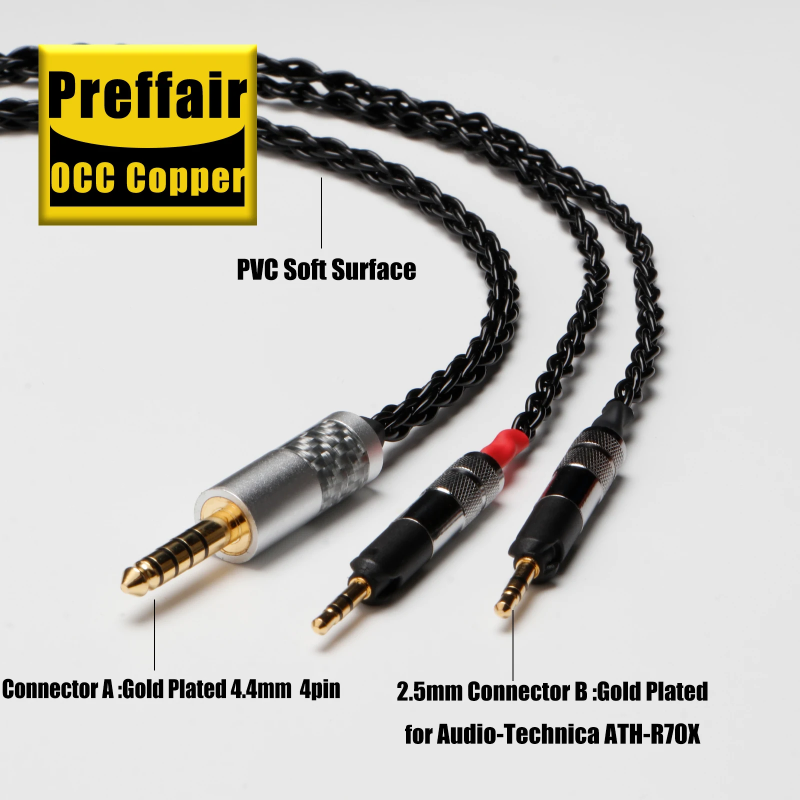 Preffair E51602 Kopfhörerkabel Hifi Audio 4,4/2,5/3,5/6,35 mm 8-adriges versilbertes Adapterkabel für ATH-R70X, R70XA – Detail 4