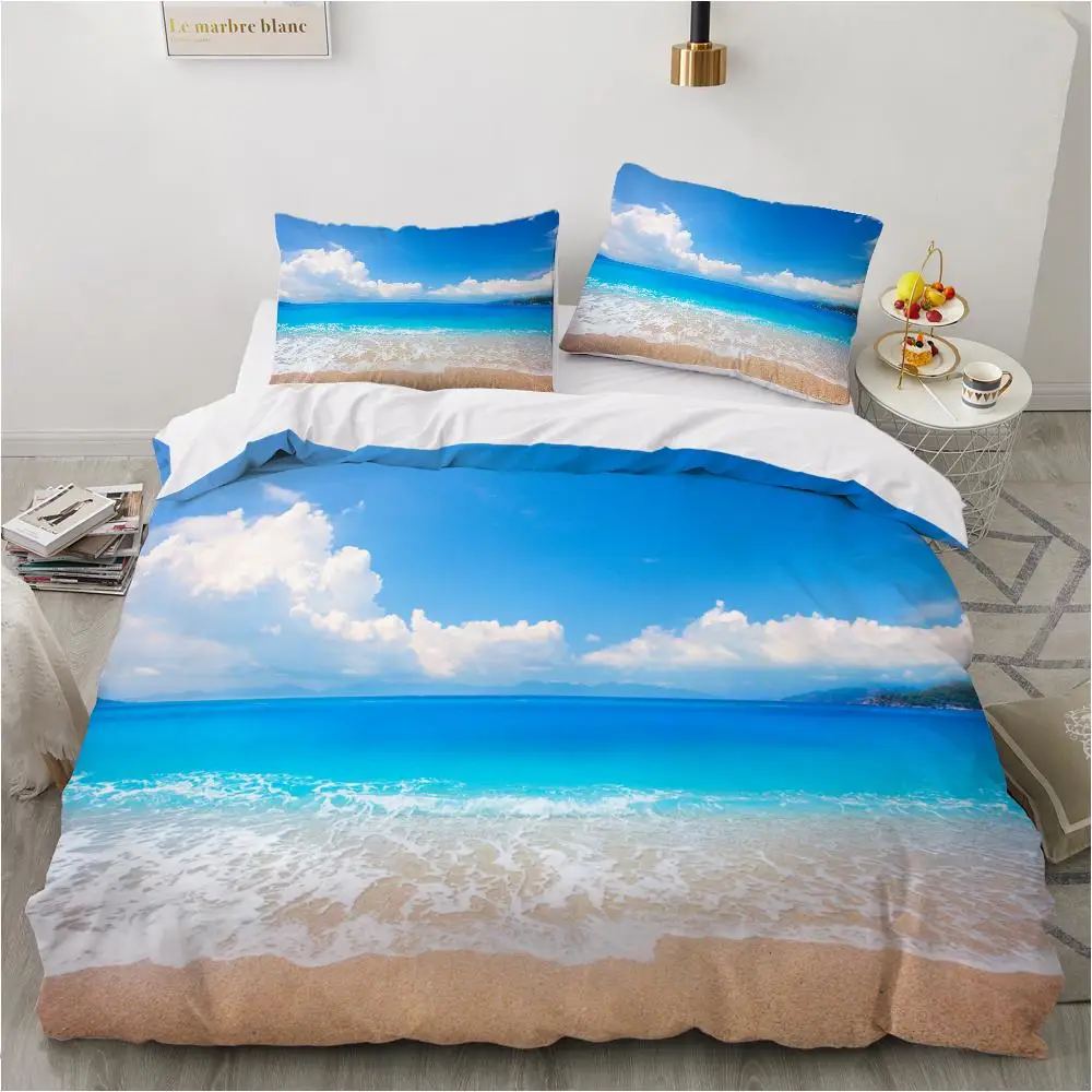 Ocean Duvet Cover Set King Size Polyester Tropic Ocean Style Sandy Shore and Sea with Waves Escape To Paradise Theme Bedding Set