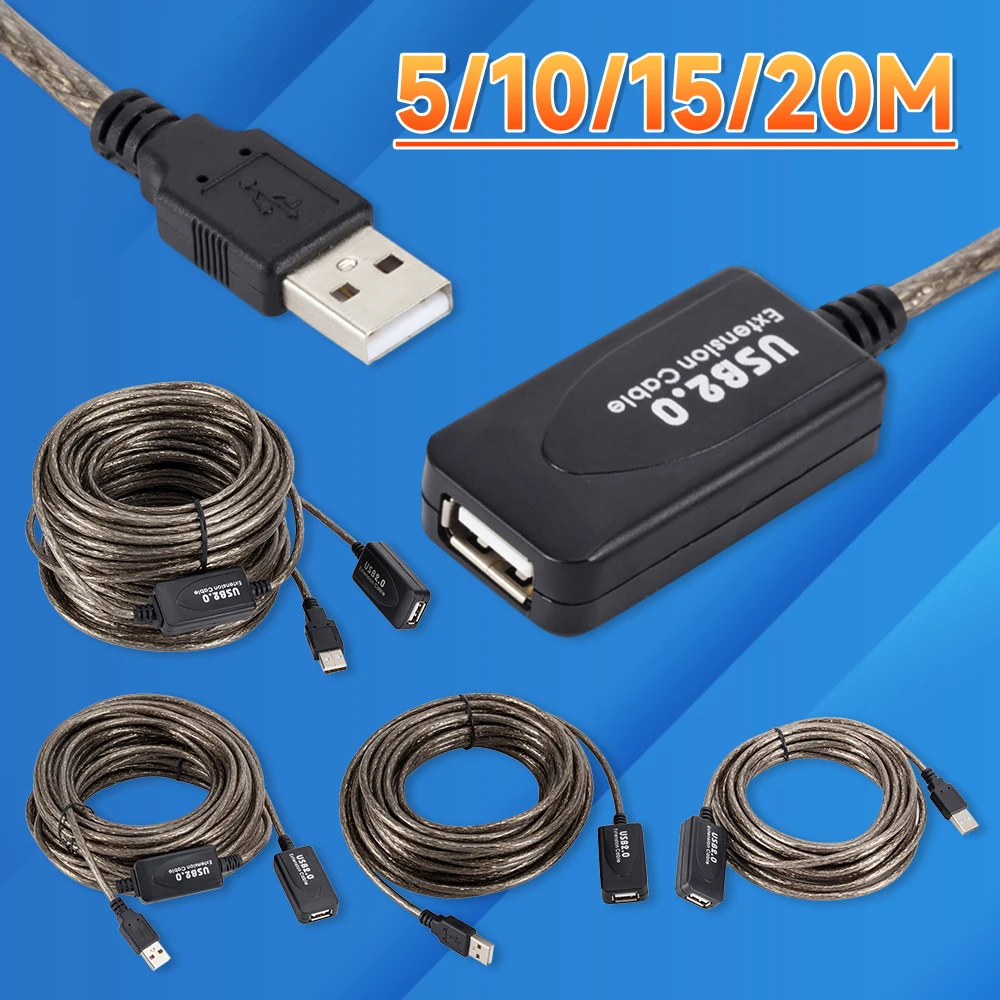 Câble d'extension USB 2.0 actif 20/15/10/5M, rallonge de répéteur USB 2.0 avec Booster USB mâle à femelle pour PC