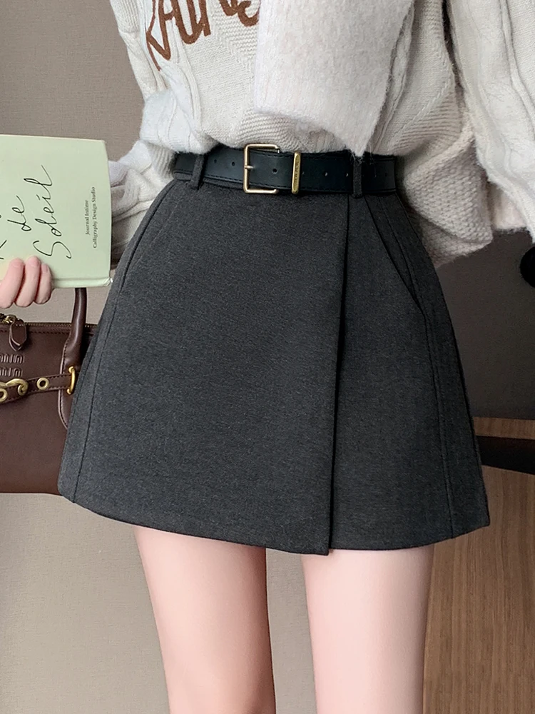 

Korean Fashion Boot Skirts with Shorts 2024 New Tweed A-Line Mini Skirts with Blet Pocket Skorts Women High Waist Girls Skirts