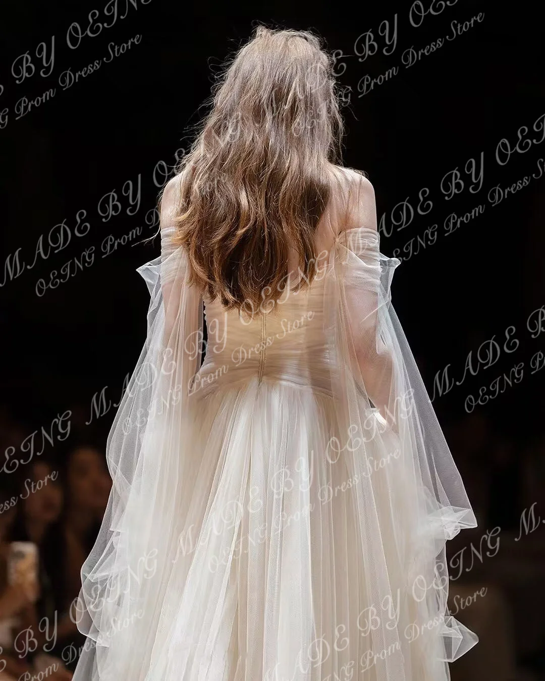 OEING Elegant White Tulle Long Prom Dresses Sweetheart Off the Shoulder Sleeves Floor Length Evening Gowns Formal Party Dress