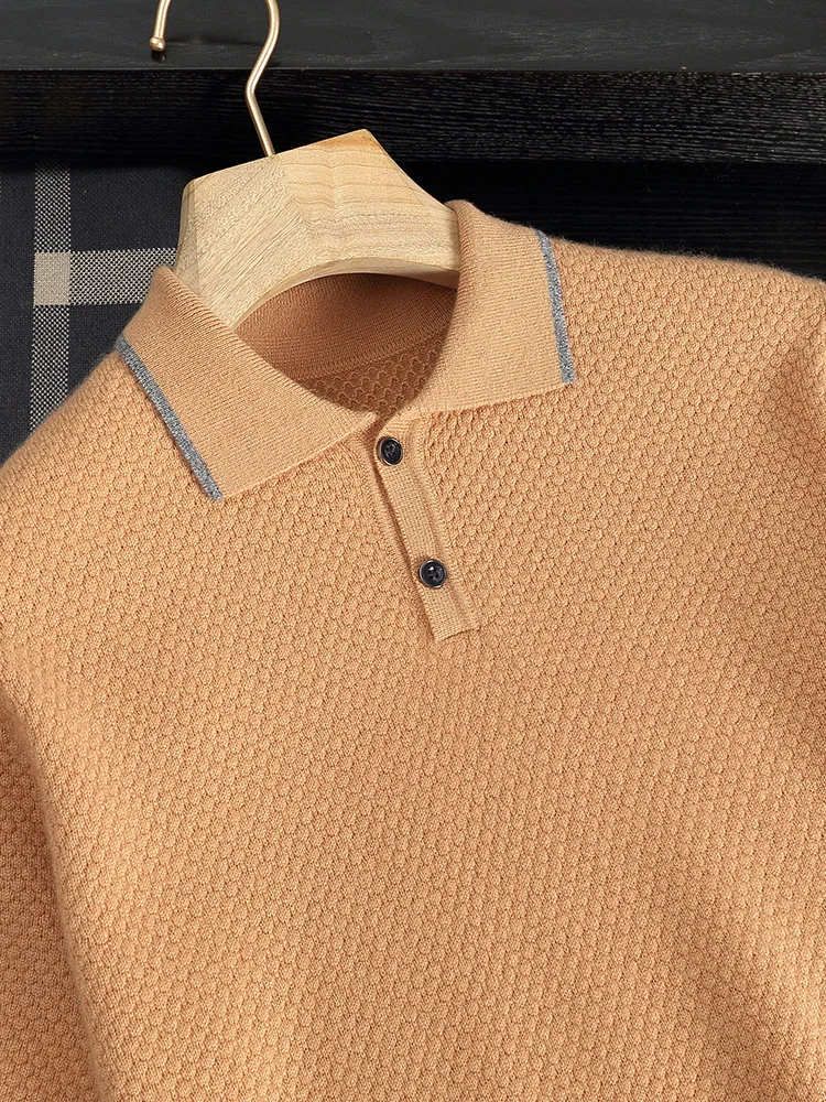 Men Polo Collar Pullover 100% Cashmere T-shirt Short Sleeve Spring Summer Smart Casual Sweater Honeycomb Jacquard Soft Knitwear