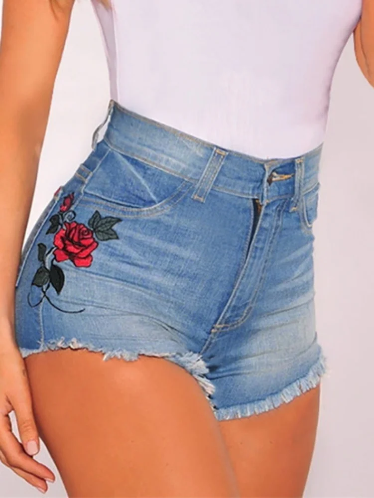 2025 Spring New Women's Summer High Waist Embroidered Denim Shorts Fashion Sexy Slim Fit Elastic Raw Edge Jeans Shorts