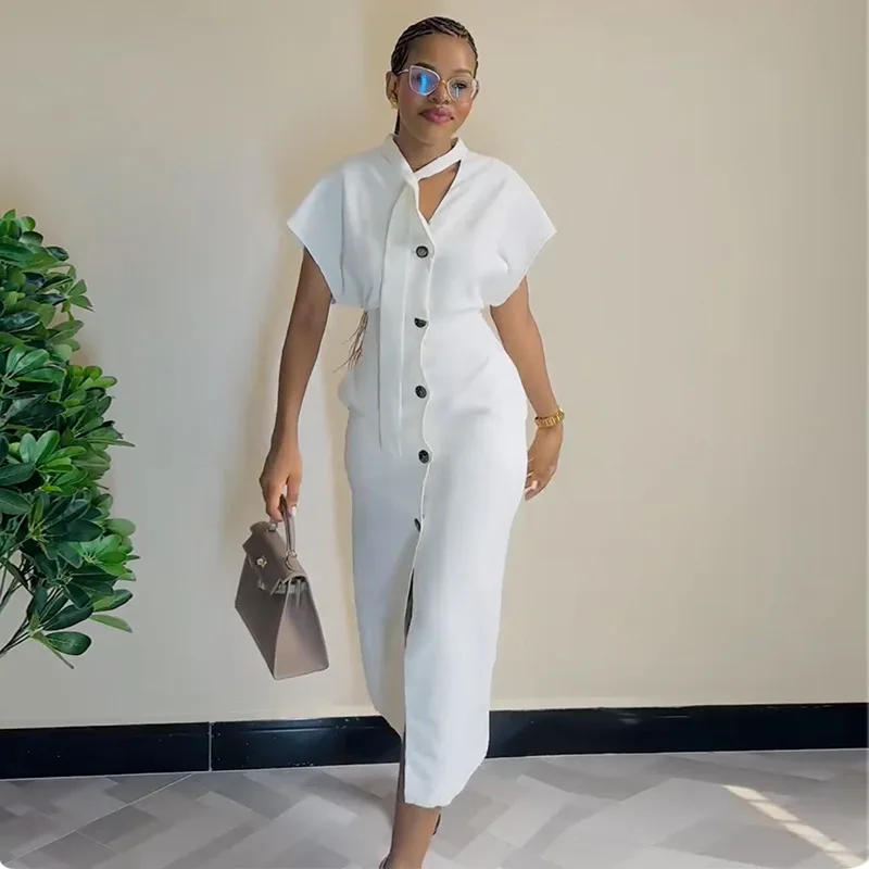 

Sweet and fresh strap-up collar high waist single-breasted cardigan medium and long dress fashionable simple and versatile tempe