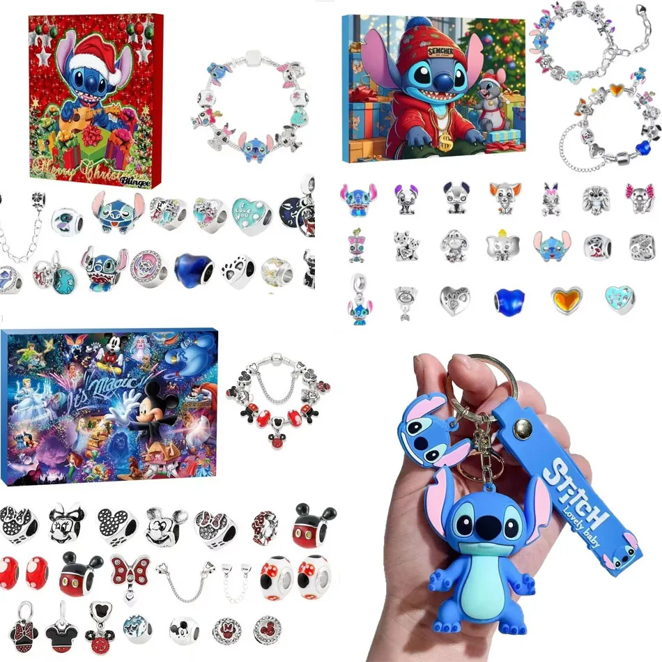 * Calendario de Adviento de Navidad de Mickey Stitch de Disney, pulseras, calendario de cuenta atrás de Navidad, Kit de fabricación de joyas Diy, regalo sorpresa para niñas