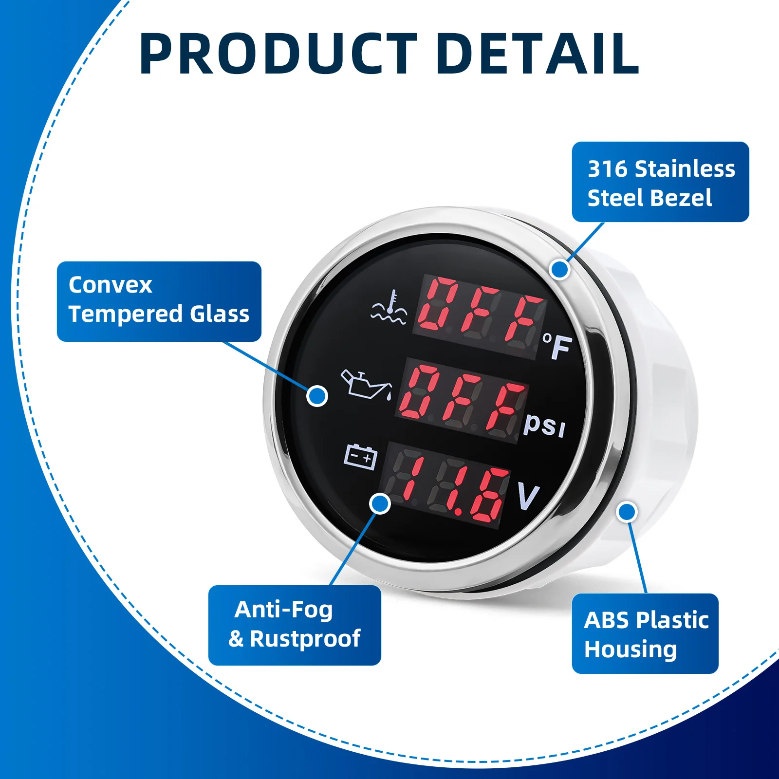 Oil Press+Water Temp+Volt 3 IN 1 Automobile Car Gauge with Alarm 52mm Temperature Gauge 1/8NPT Temp Sensor For 12V/24V Car Truck
