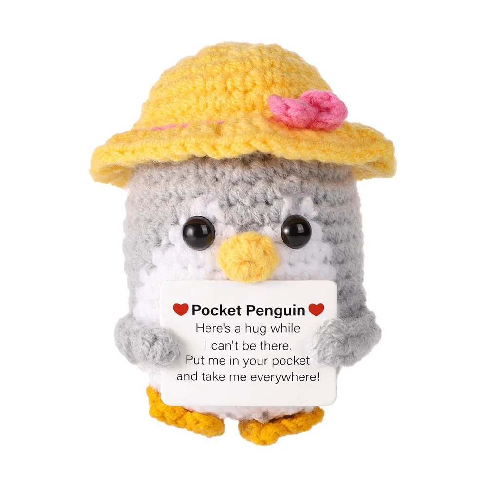 Positive Energy Penguin Hug Pocket Mini Handmade Plush Wool Knitting Doll With Card Funny Christams Gift Home Room Decoration