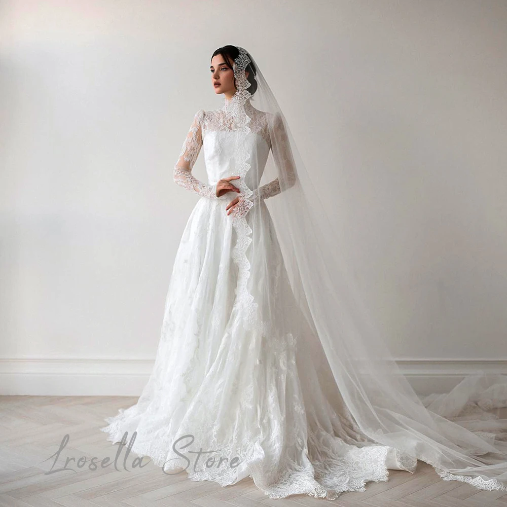 Robe de mariée en dentelle A-Line pour femmes, élégante robe formelle, luxe, princesse de gala, plissage, cour internationale, col rond, civil, 2024