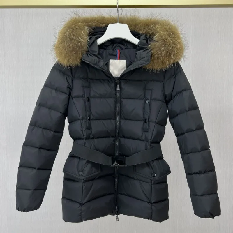 Autumn and winter female Fox fur collar hooded Down jacket Y2K Casual jacket Slim-fit belt warm Fashion clothing movement coat