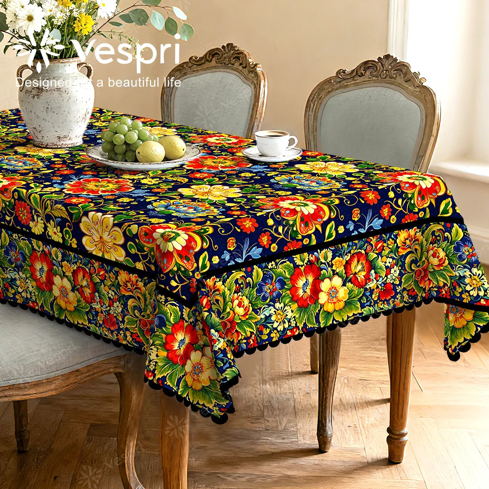 Vespri Spring Tablecloth, Blue Red Decor, Fruits And Flowers, Rustic Style, Family Gathering, Round Rectangle Oval Shape, for Spring Summer Dining Party Festival Outdoor