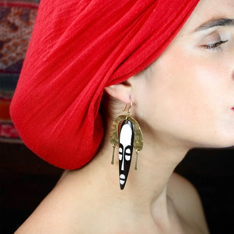 

African Earrings Statement Earrings large earrings big earrings mask earrings tribal jewellery bone earrings gold earrings boho